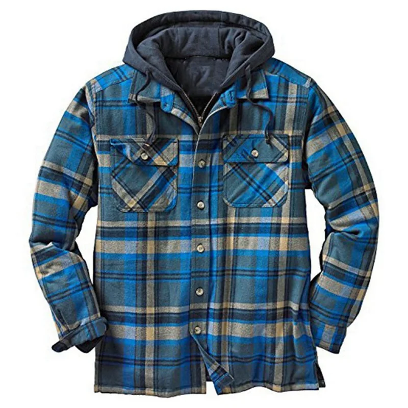 Men Europe and The United States Autumn and Winter Classic Plaid Cotton-padded Casual Fashion Long-sleeved Hooded Shirt Coat