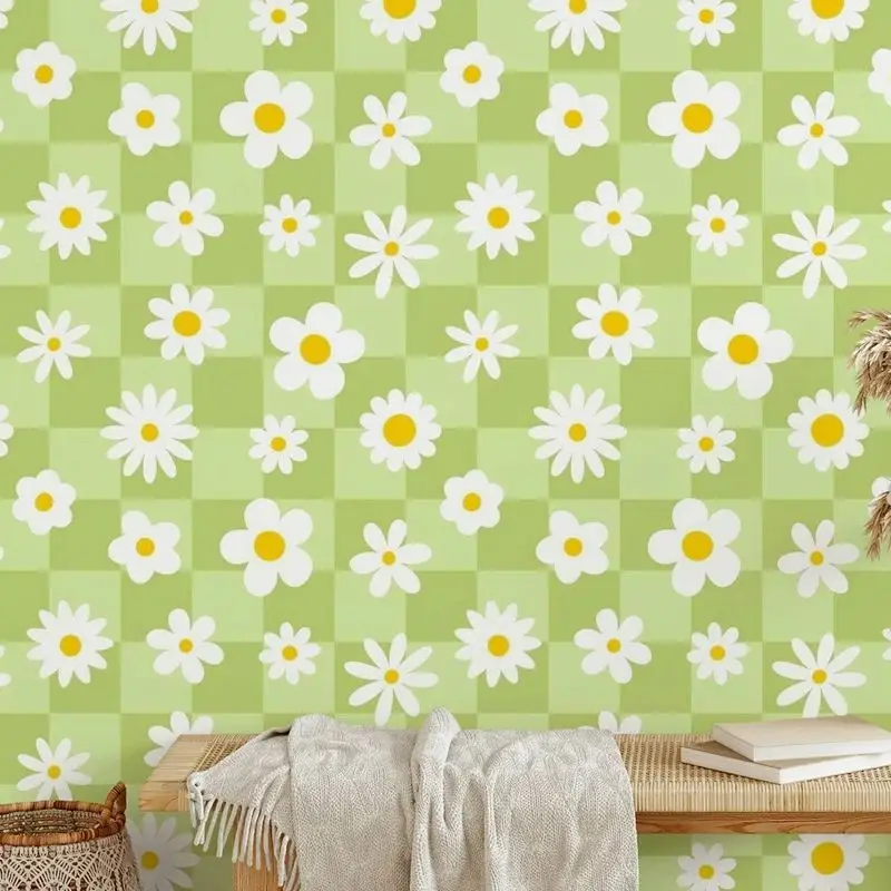 Daisies On Green Checkers Wallpapers Home décor, Spring White Flower Adhesive Wall Paper For Wall Art /Room Decorations,50*300cm