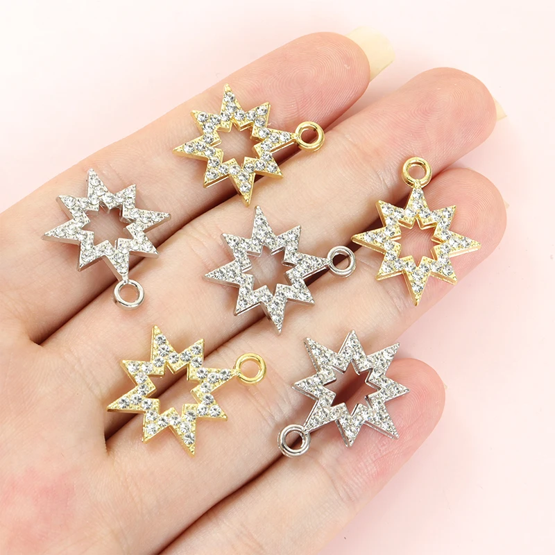 10pcs Shiny Rhinestones Inlay Hollow Eight-pointed Star Charms Necklace Earring and Any Other Chain Ornaments DIY Alloy Pendants