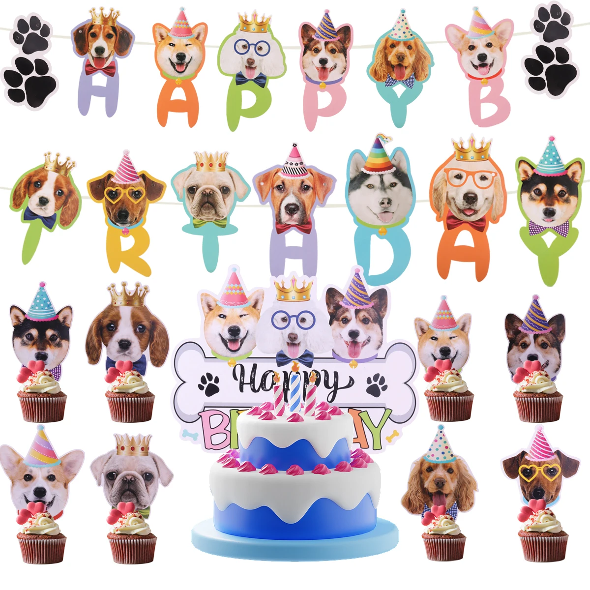 

Pet Birthday Decorations Cute Dog Banner Garland Flags Cartoon Animal Face Cupcake Topper Animal Theme Birthday Party Supplies