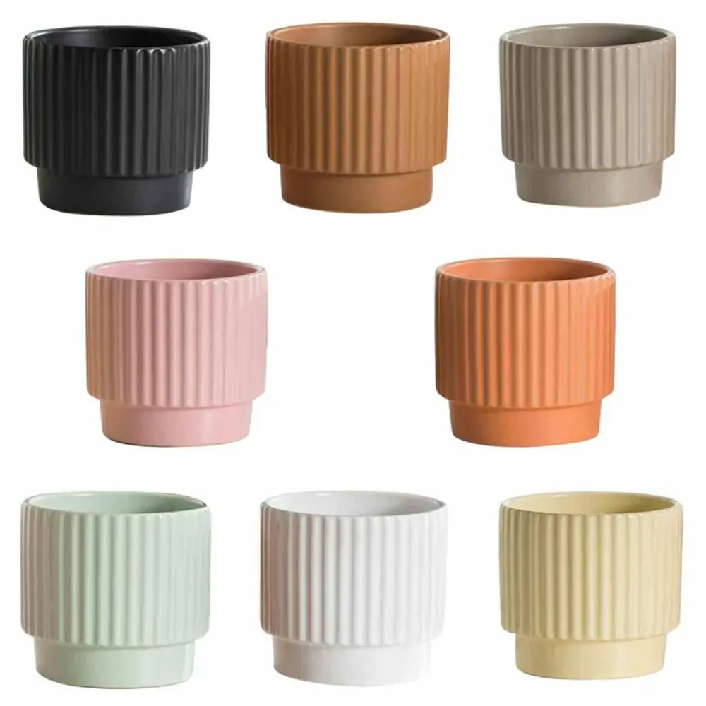 

Creative Mini Ceramic Plant Pots DIY Sturdy Succulent Pots Drainage Holes Durable Vertical Striped Planter Desktop Decoration