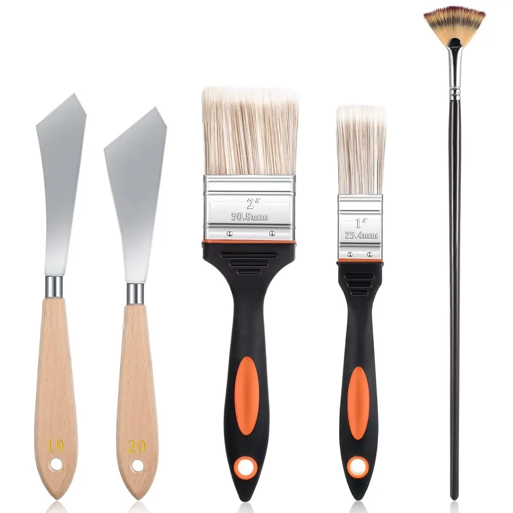 

5 Pieces Painting Knife Set Background Blender Brush And Fan Blender Artist Brush Stainl Steel Palette Knife 2 H And 1 H For