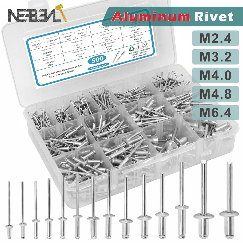 

500pcs Aluminum Blind Rivets Kit-14 Sizes 3/32" to 3/16" with Organizer Box for Metal Fastening