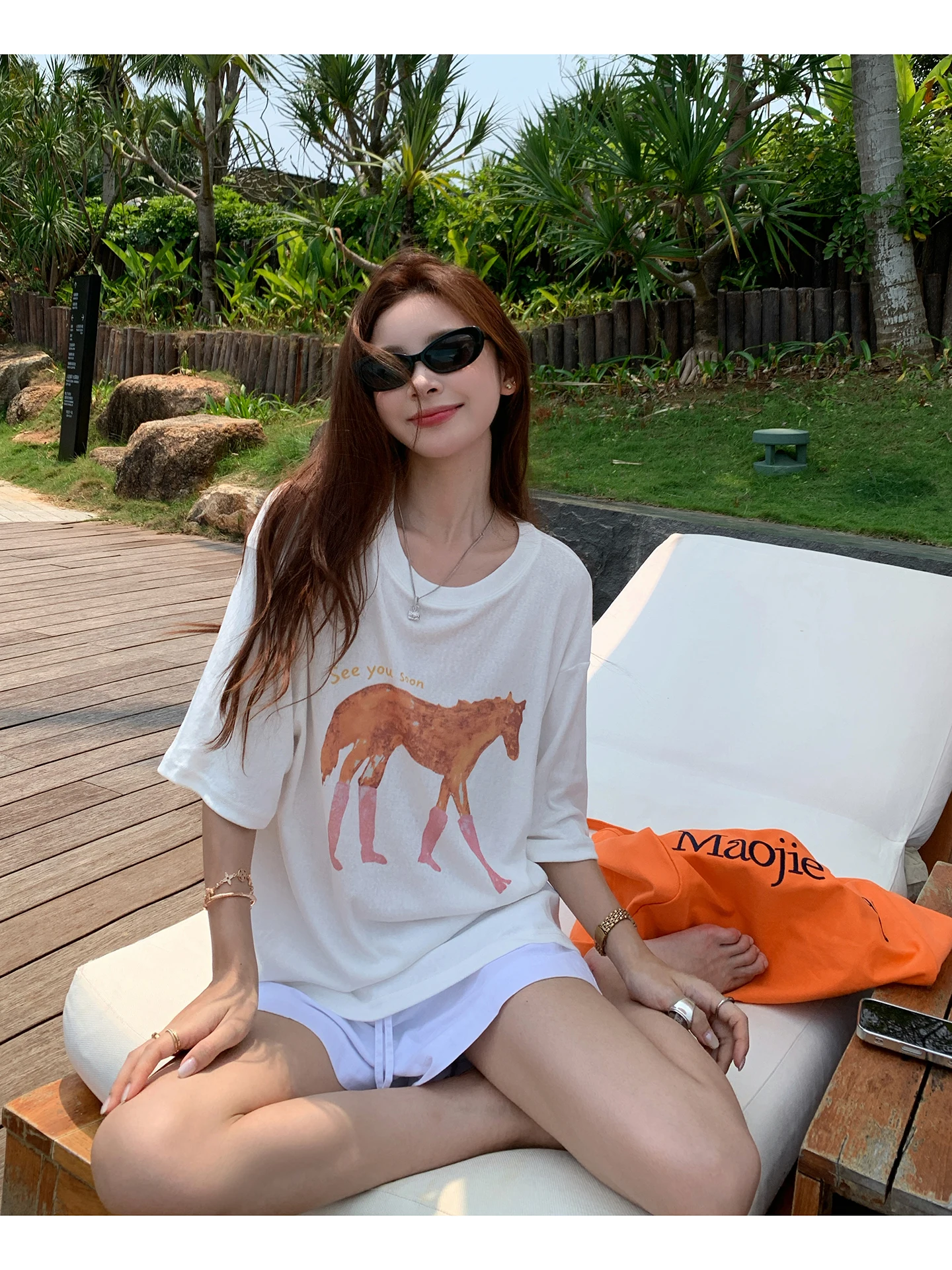 EKOOL Linen Digital Print Short Sleeve T-Shirt Women Summer Loose Versatile Slim round Neck Casual Top Breathable Comfortable