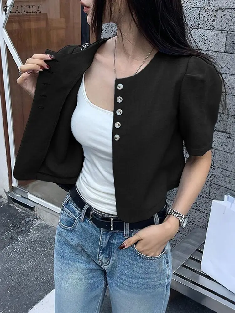 2025 ZANZEA Moda donna Cardigan Manica corta a sbuffo Camicie solide Girocollo Elegante Office Lady Top Bottoni Camicetta estiva