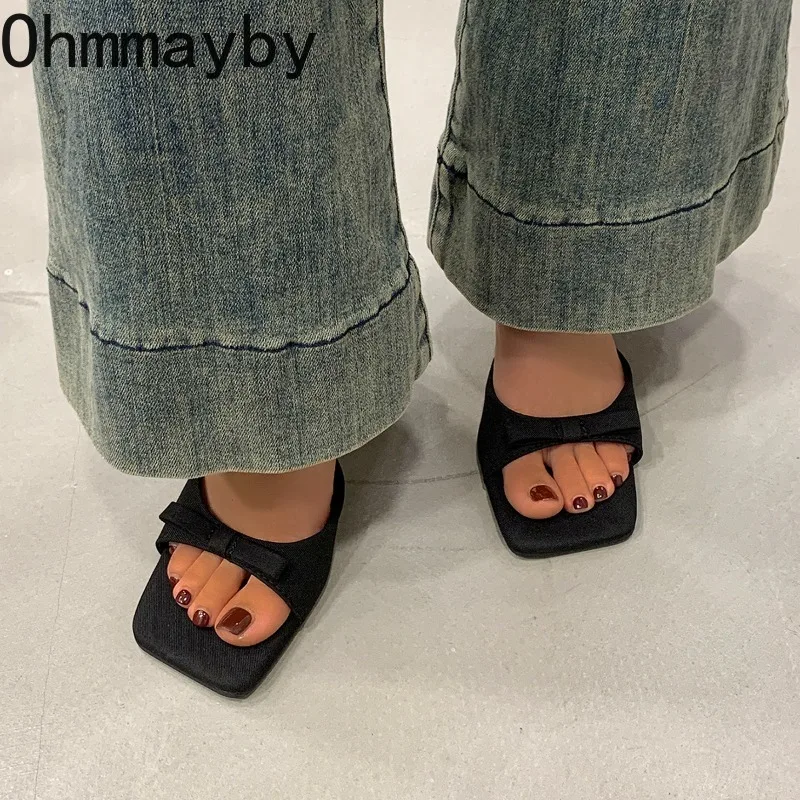 Summer Square Toe Fashion Leopard Women Slippers Concise Women's Butterfly-knot Vacation Shoes Elegant Low Heel Dress Slide view 5