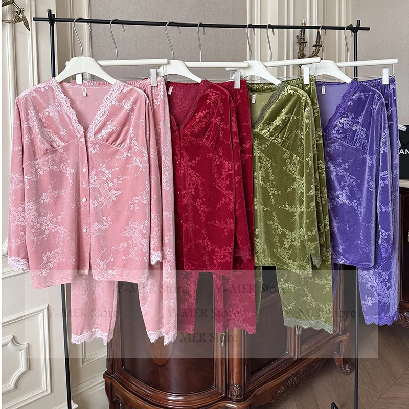 

Бархатный пижамный комплект, сексуальная домашняя одежда, женская одежда для сна, пижамы Femme, жаккардовый топ с цветочным принтом, брюки, можно верхнюю одежду, Pijama Mujer