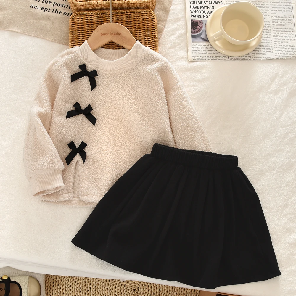 3-7 Jahre altes Mädchen Mode Herbst und Winter neuer Anzug koreanische Version Rundhals Langarm Schleife Top + Faltenrock zweiteiliges Set – Detail 3