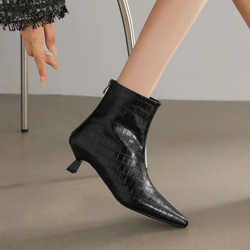 2026 Winter Women Boots Split Leather Ankle Boots Pointed Toe Stiletto Boots High Heels Leather Shoes Ladies Shoes Thin Heels