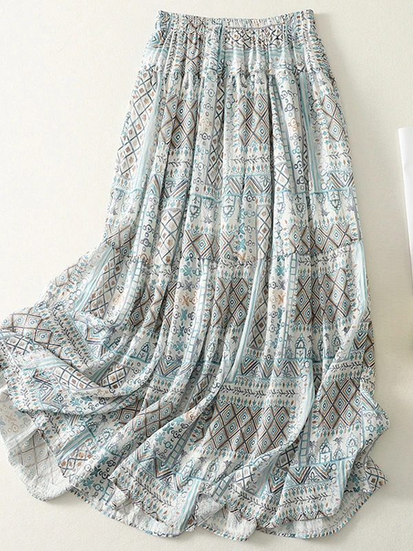 Bohemian Style Cotton Linen Half Skirt Women's Draped Feel Vacation Print Long Skirt High Waist Loose Fit Summer Season