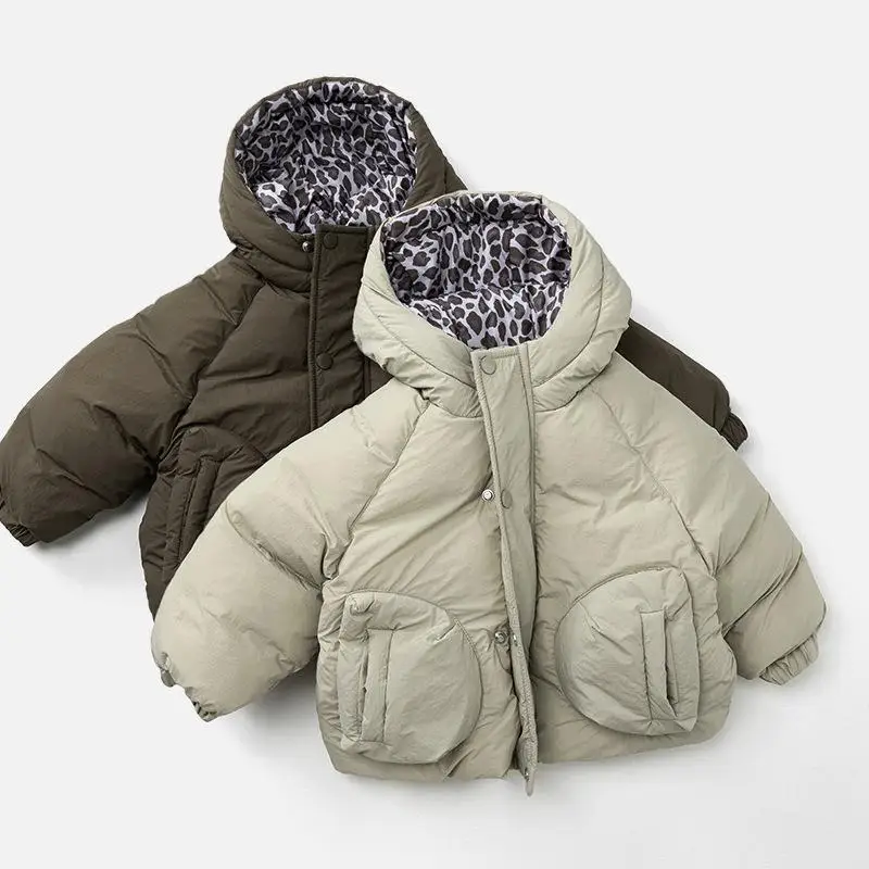 

2025 Winter New Children Warm Hooded Coat Solid Baby Girls Plus Velvet Thick Overcoat Boys Cotton Padded Jacket Kids Clothes