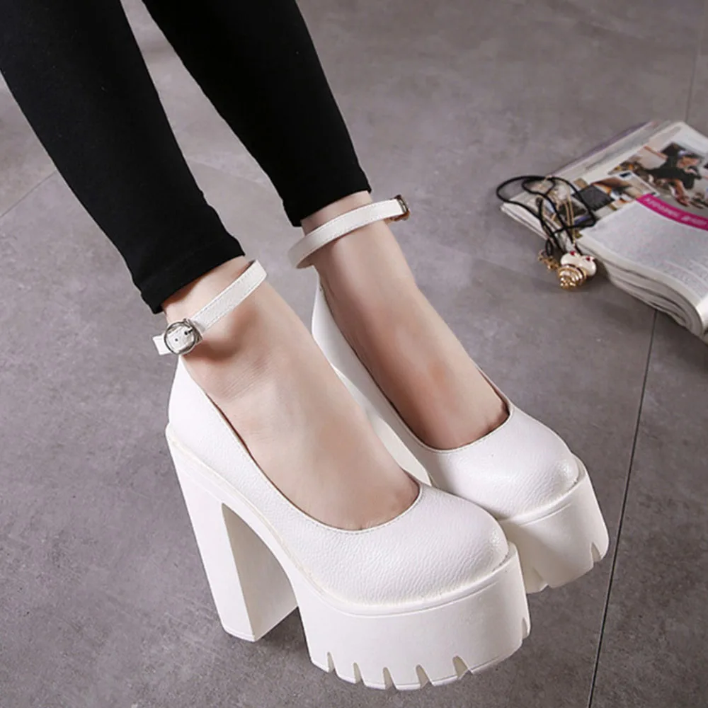 Sorphio Platform High Heeled Mary Janes Shoes Buckle Strap Round Toe Chunky High Heel Ankle Strap Pumps Fashion Shoes For Woman