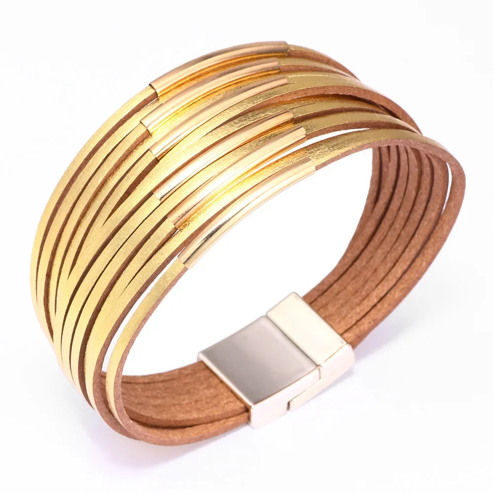 Charmsmic Multilayer PU Leather Bracelets Female Girls Tiny Golden Color New Design Women Armband Hand Jewelry Accessories