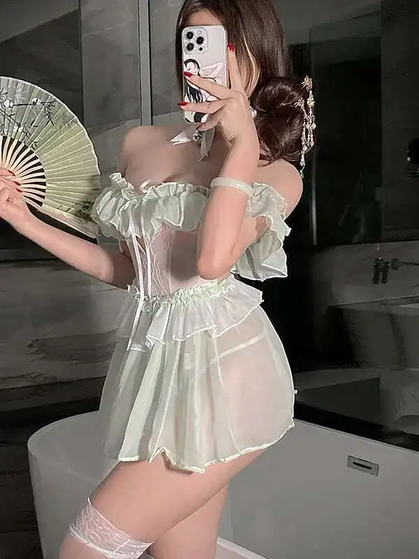 Low Collar Sexy Off Shoulder Lace Up Backless Chiffon Dress Women Mesh Sheer Cinching Waist Slim A-line Short Sweet Dress 1V55