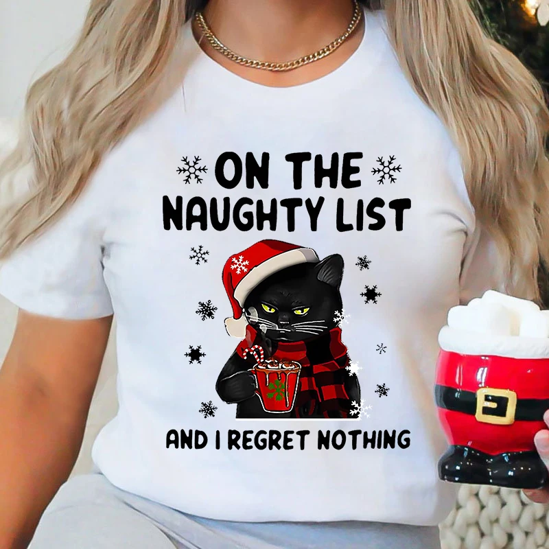 On The Naughty List and I Regret Nothing Cat Xmas Print Women's T-Shirts Harajuku T-Shirt Top Xmas Party Christmas Casual Shirts