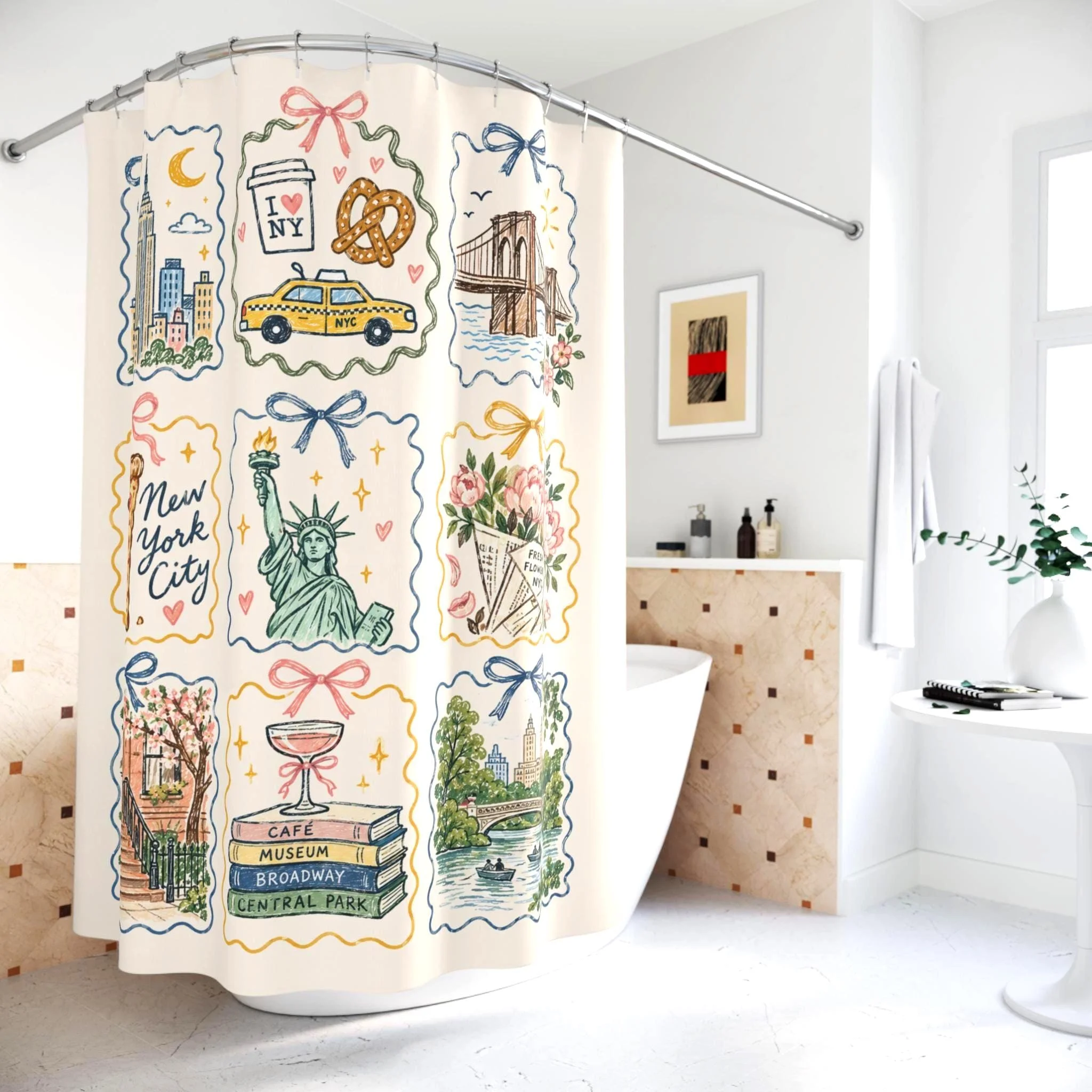 Vintage New York City Skyline Shower Curtain Bathroom Decor Art Print Subway Statue of Liberty Broadway