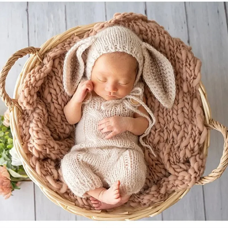 

2023 Newborn bunny romper photography props,handmade rabbit big ear clothes for baby shoot