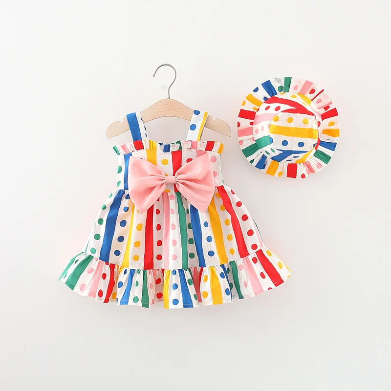 Summer New Girl Baby Sling Dress with Colorful Stripe Polka Dot Children\'s Princess Dress Comes with Sun Visor Hat 0-3 Years Old