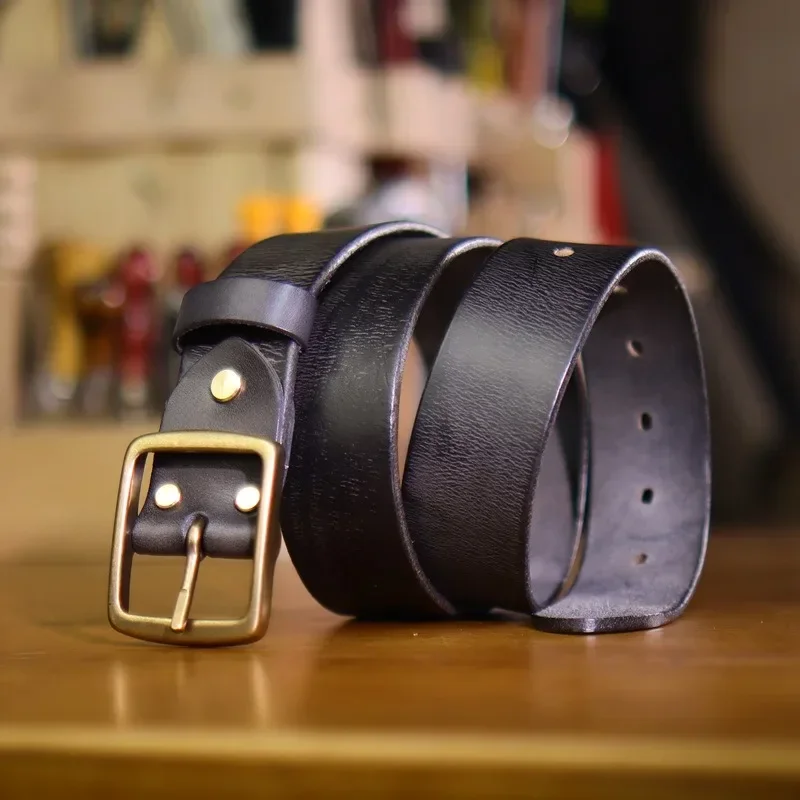 Vintage Workwear Belt with Solid Brass Distressed Finish and Thick Top-Grain Cowhide for Men 3.8cm Width