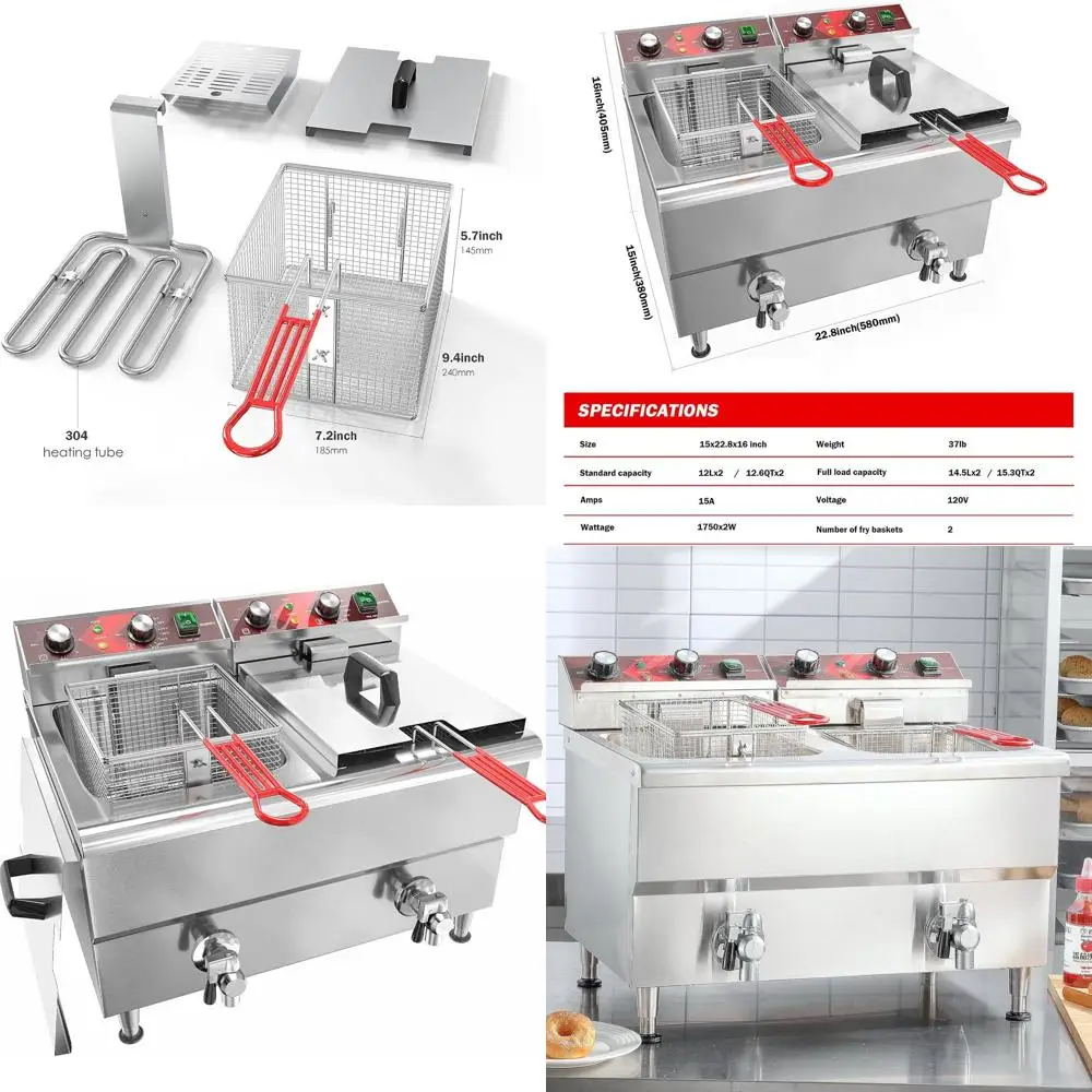 

Электрическая фритюрница из нержавеющей стали, 24 л, двойной бак с фильтрацией, таймером, корзинами и крышками для ресторана, 120 В, 3500 Вт