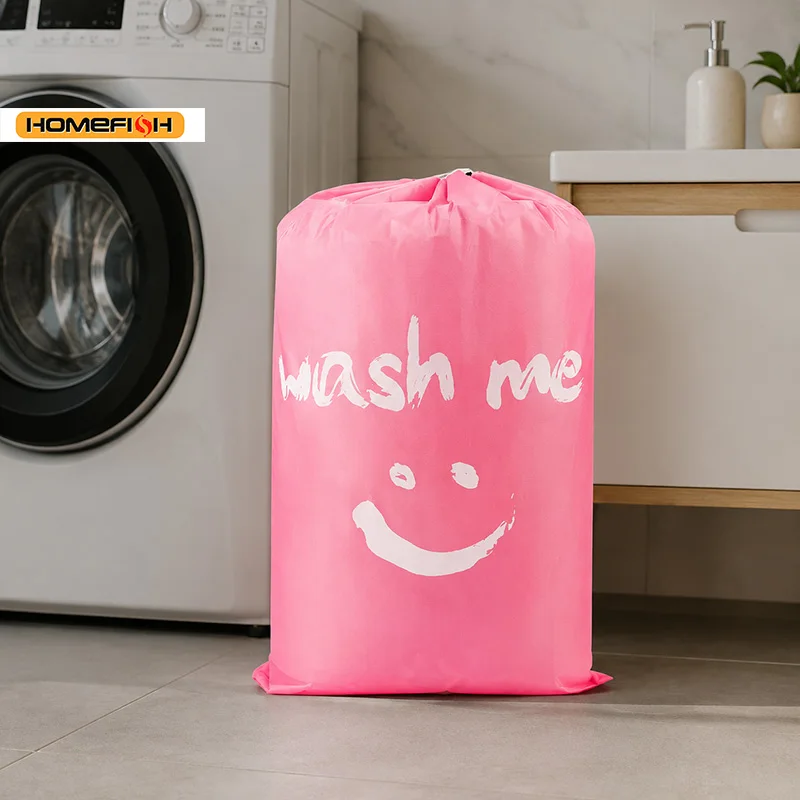 HOMEFISH Smiley-Print Wäschesack mit Kordelzug, Aufbewahrungsbeutel für Schmutzwäsche für Reisen und Zuhause – Detail 5