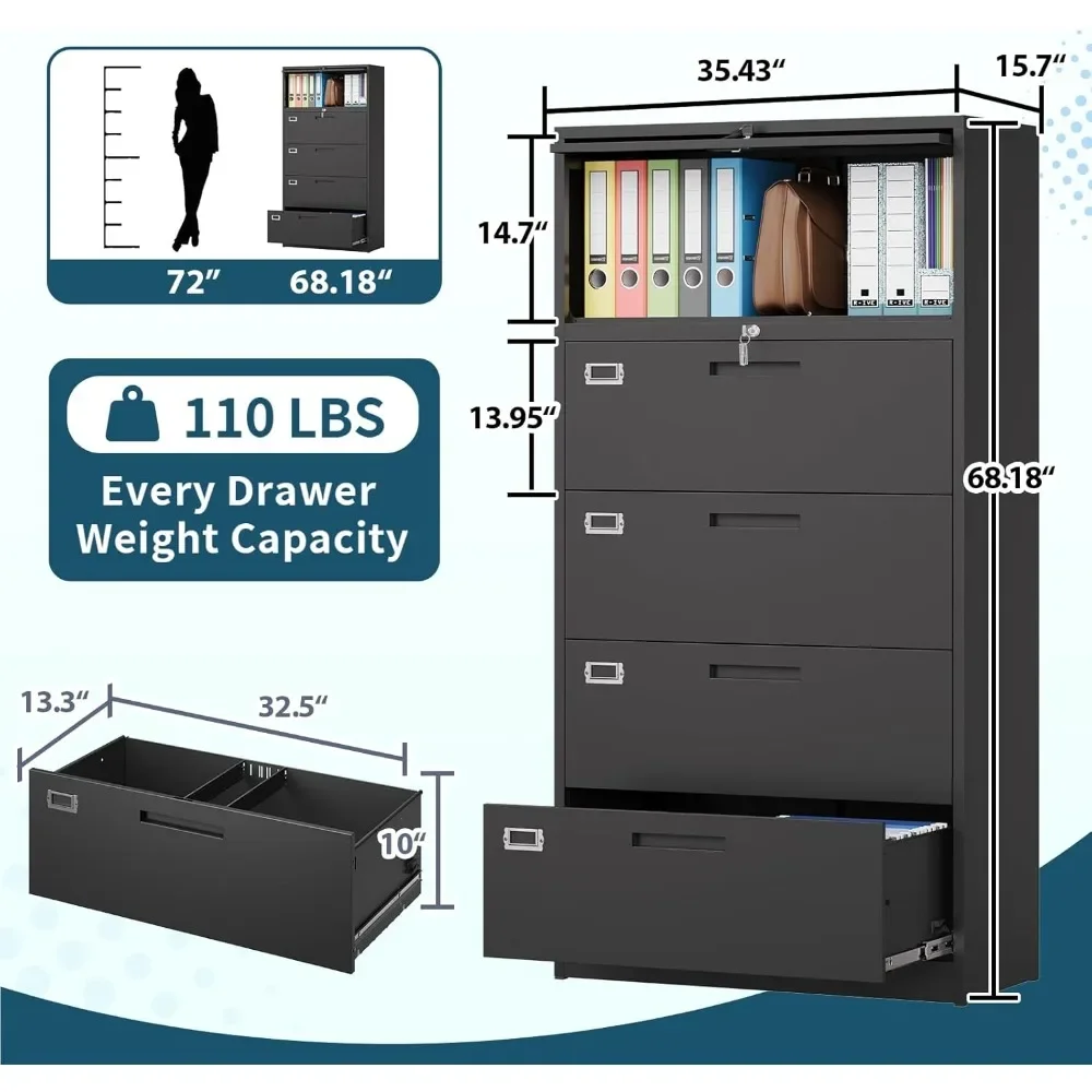 File Cabinet 4 Drawer with Top Shelf, , Metal Lateral with Lock, 1 Flip Up Door, Strong & Versatile for Home Office Cabine