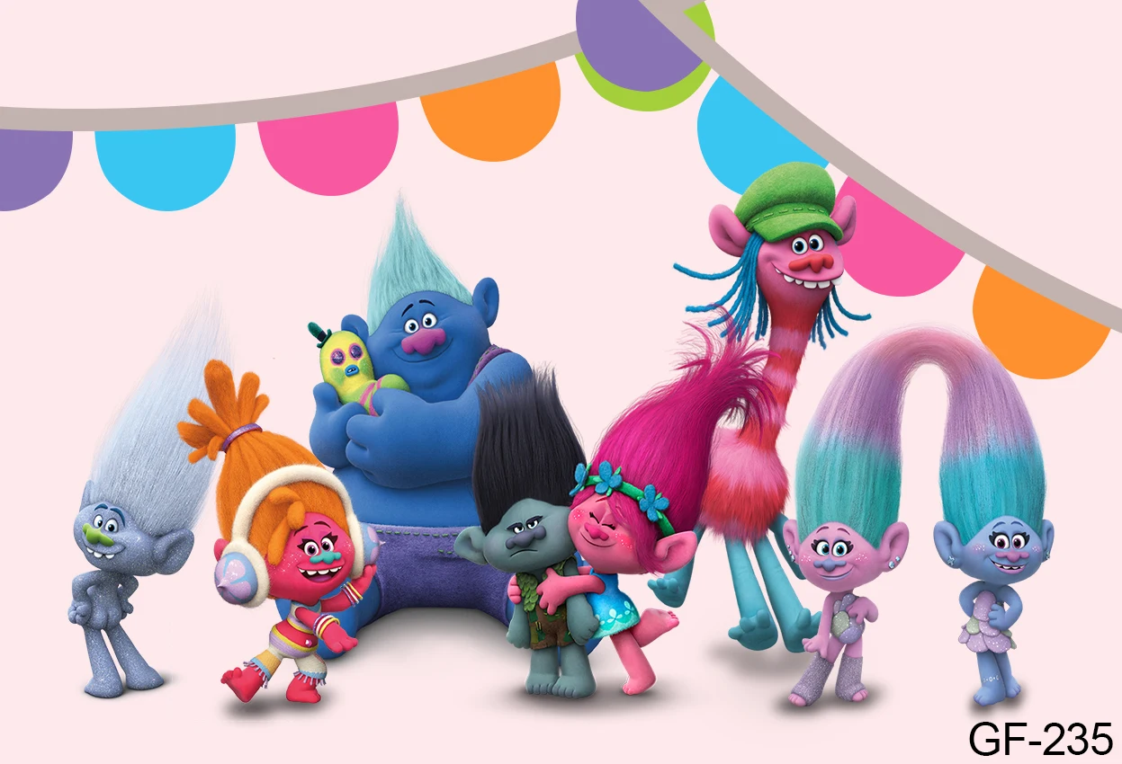 ฉากหลังของปาร์ตี้รูปการ์ตูนไวนิลโทรลล์ใช้ตกแต่งวันเกิดสำหรับเด็กงานปาร์ตี้