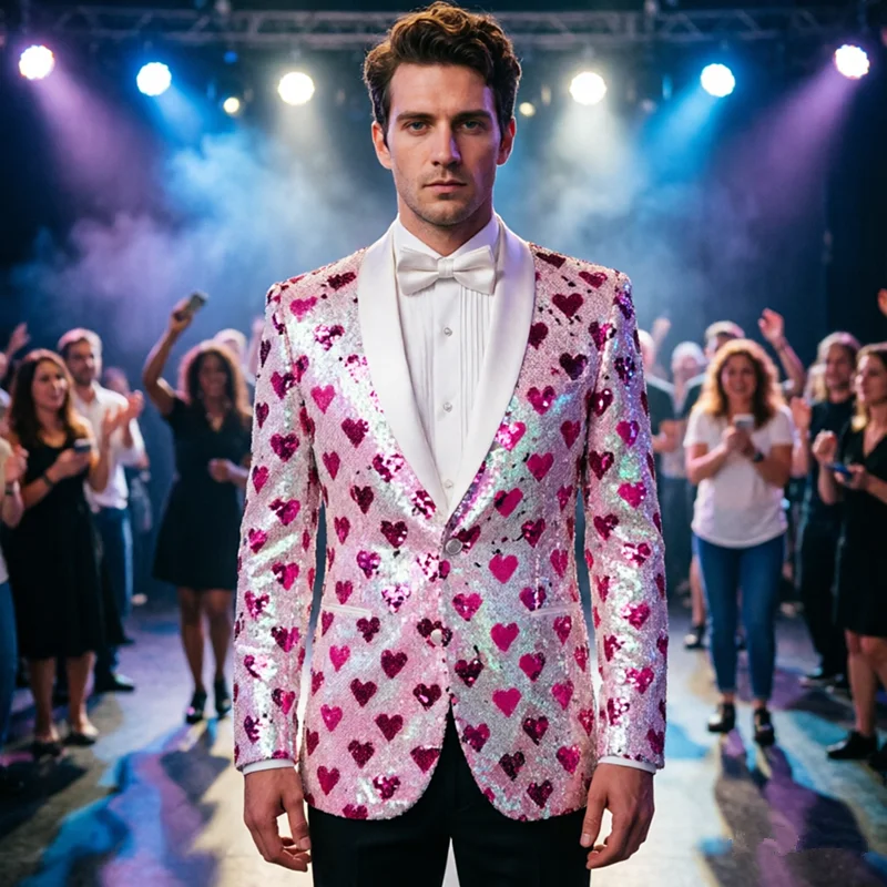 

2026 New Men's Luxury Sequin Blazer with Heart Pattern - Shawl Collar Sparkly Suit Jacket for Singers, Hosts, and Weddings