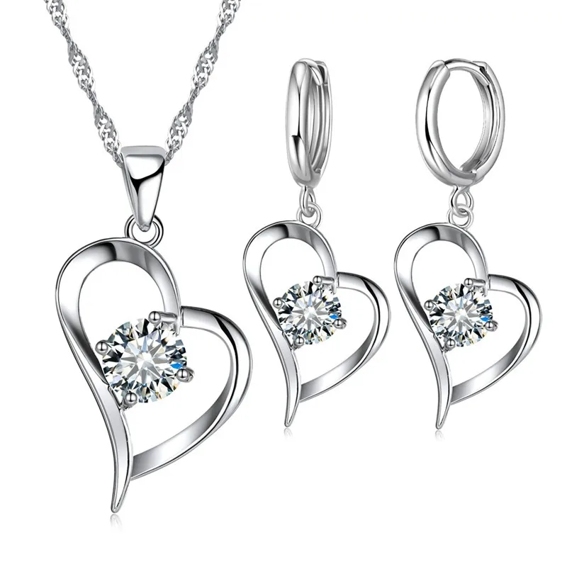 Hochzeitsschmuck-Sets aus 925er-Sterlingsilber für Frauen, Liebesherz, hohle Anhänger, Halsketten, Ohrringe, klarer österreichischer Kristall