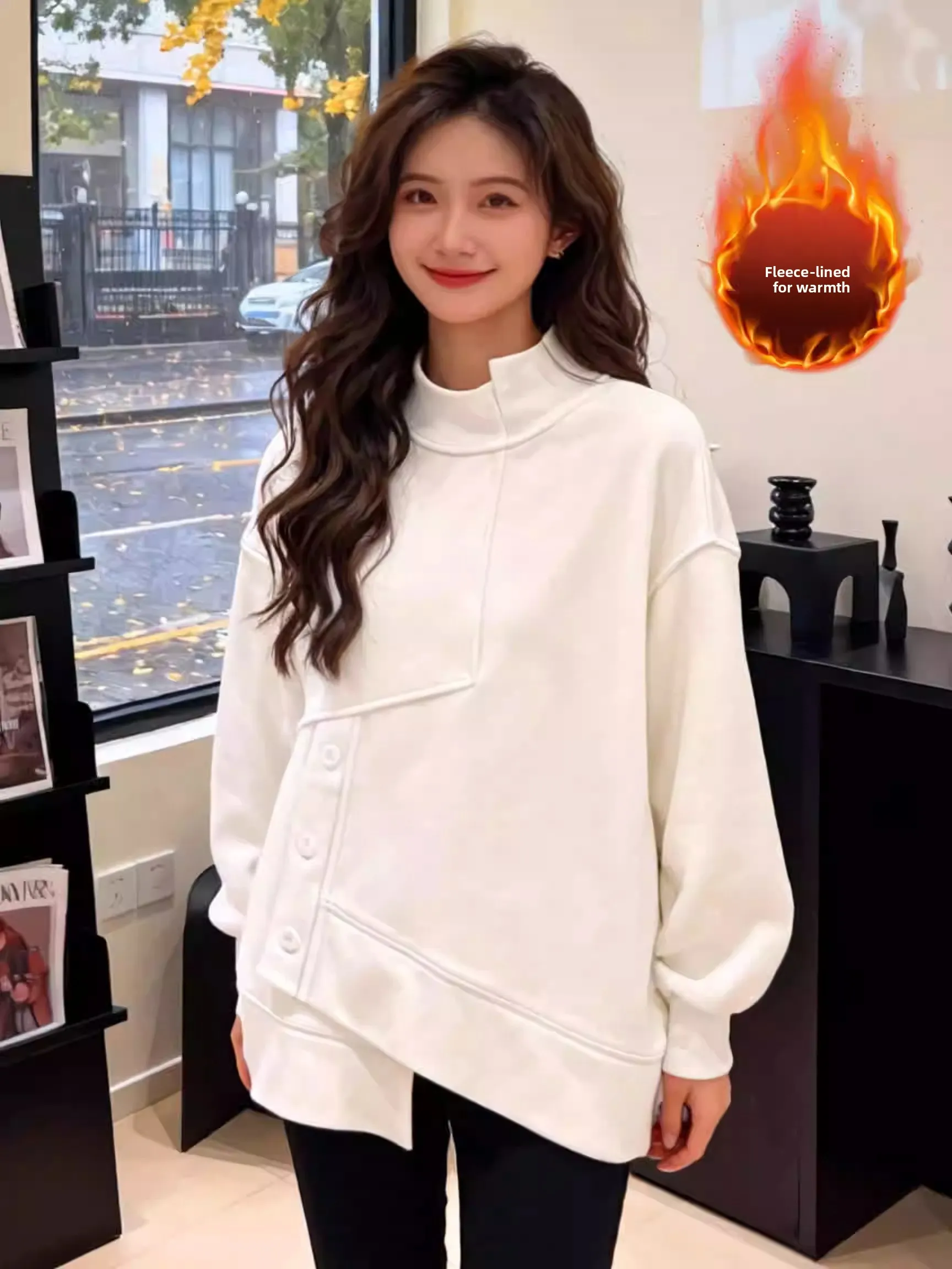 

Женская повседневная модная толстовка с воротником-стойкой, оверсайз, с асимметричным подолом, длинными рукавами, теплая и удобная для зимы