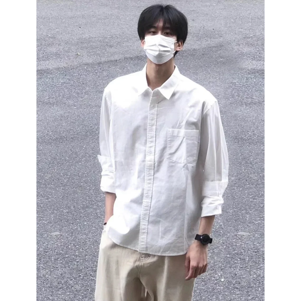 

Свободная рубашка, весна-осень-зима, белая рубашка с длинным рукавом, мужская крутая шелковая хлопковая базовая рубашка с квадратным воротником и карманом JJ791