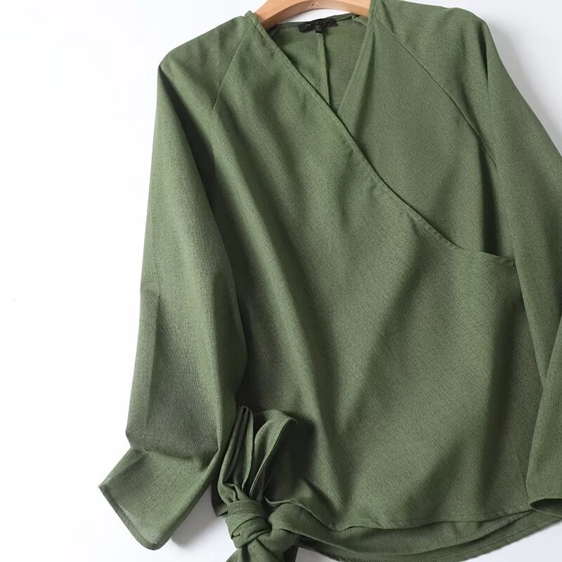 Dave&Di French Fashion Women's Green Cotton and Linen Long Sleeve Shirt Autumn Blouse Women Minimalist Lazy Wrap Shirt