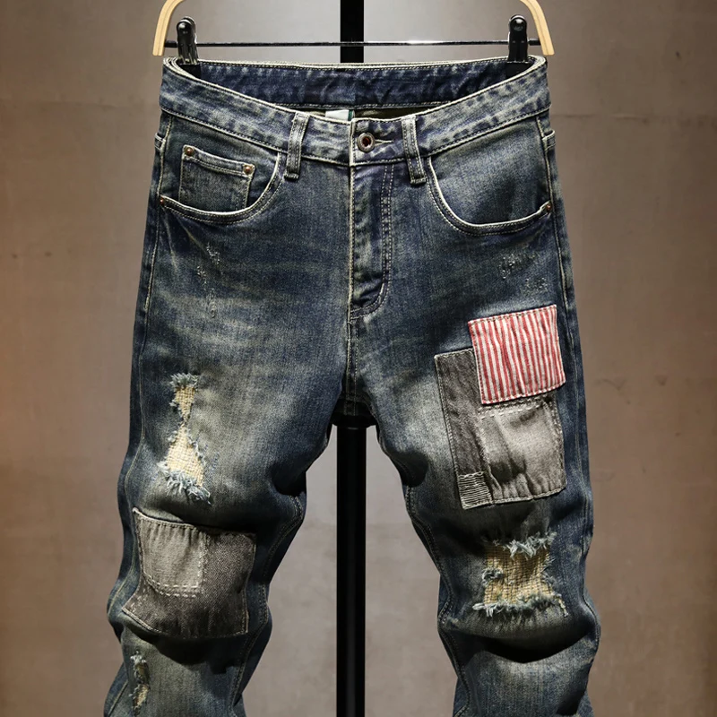 Street Designer Fashion Men Jeans Retro Washed Blue Stretch Slim Fit Ripped Jeans Men Patched Hip Hop Vintage Denim Pants Hombre