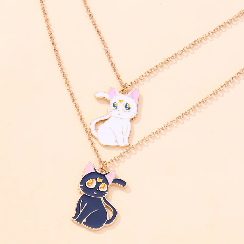 Luoluo & baby-cadena con colgante de gato blanco y negro de dibujos animados para niños, collar de mejor amigo, joyería de Amistad BFF, regalos para niños, 2 piezas por juego