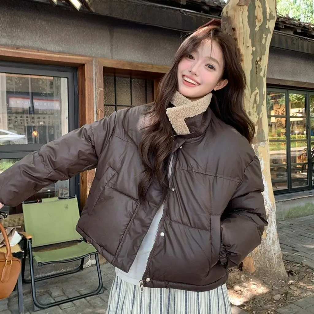 

Thickened Short Down Cotton Jacket Women's Lamb Collar Warm Outerwear Retro Casual Style Winter New Fashion Versatile Coat