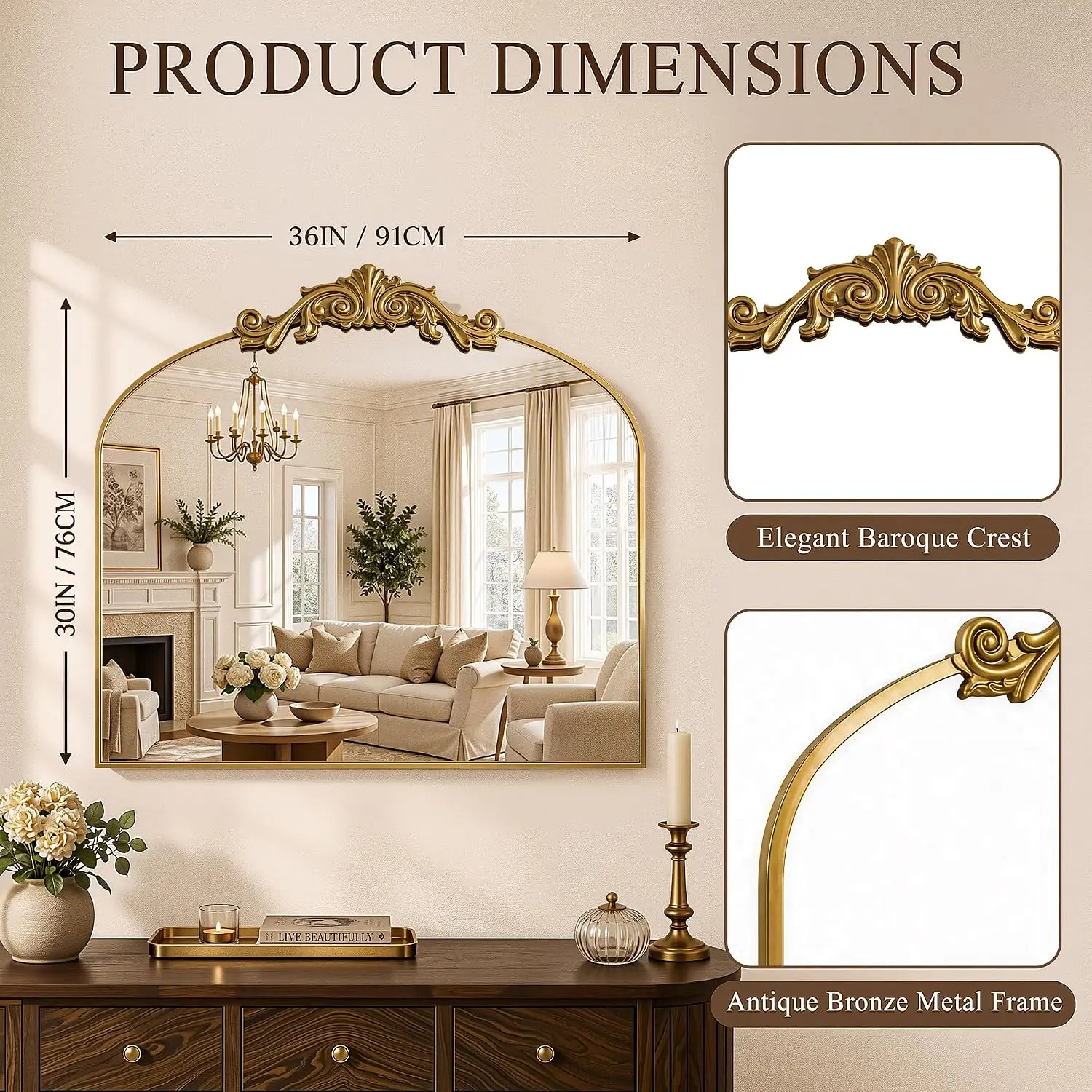 Vintage Bronze Arched Wall Mirror, 30