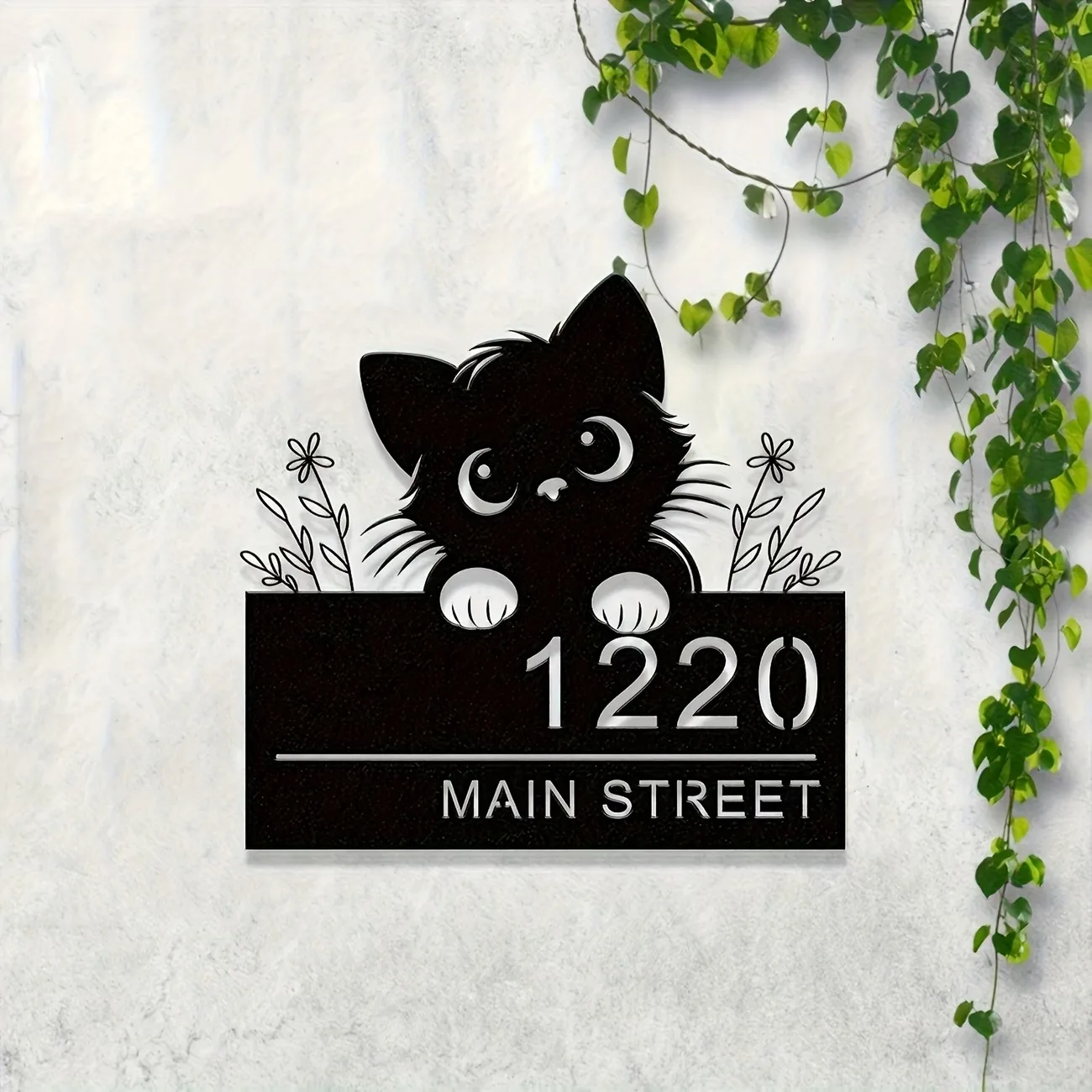 Customizable Black Cat Metal House Number Sign - Outdoor Address Plaque with Flower Accents, Wall-Mounted Front Door Decoration