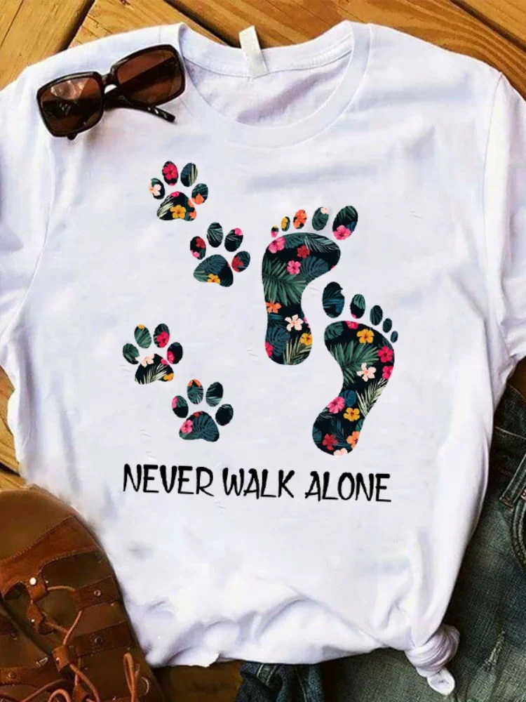 

Women Lady T Shirt Never Walk Alone Dog Paw Print Tshirt Ladies Short Sleeve Tee Shirt Women Female Tops Clothes Graphic T-shirt