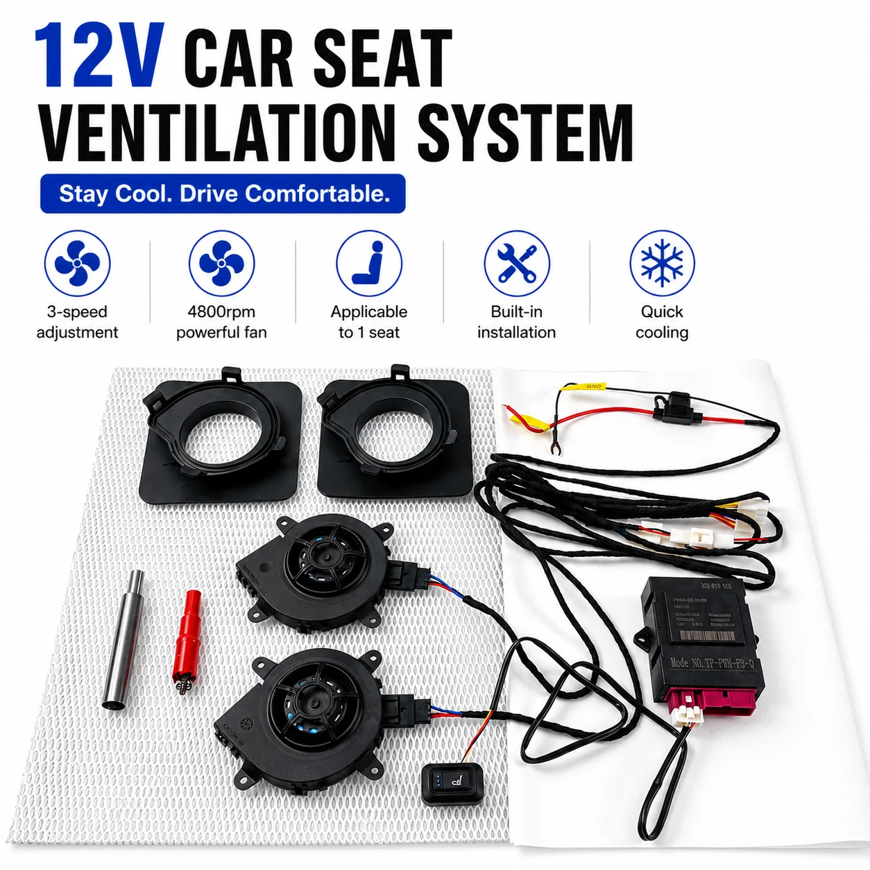 

12V car seat ventilation system with 3-level adjustment, equipped with switch wiring, quickly cools the seats in summer