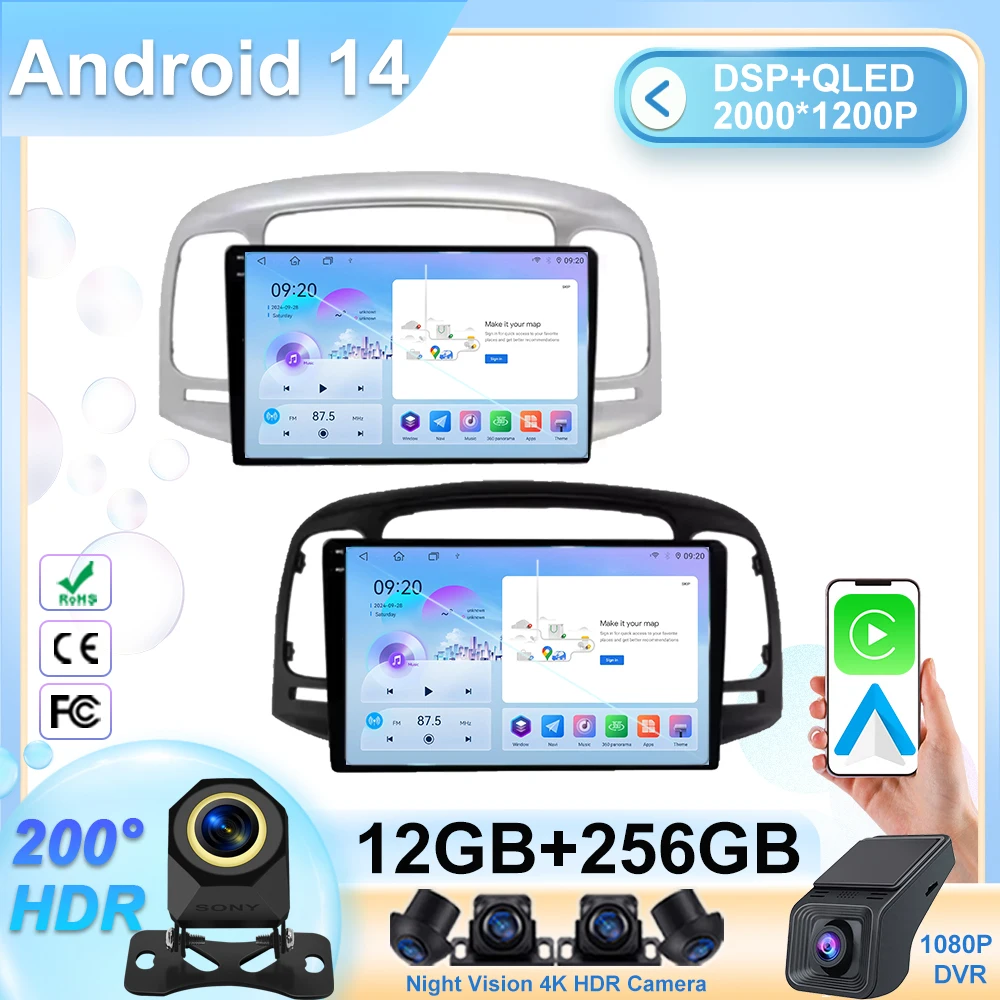 

Android 14 Car Radio Stereo For Hyundai Accent 3 2006-2011 Auto Multimedia Player GPS Navigation Head Unit 2Din WIFI QLED Screen