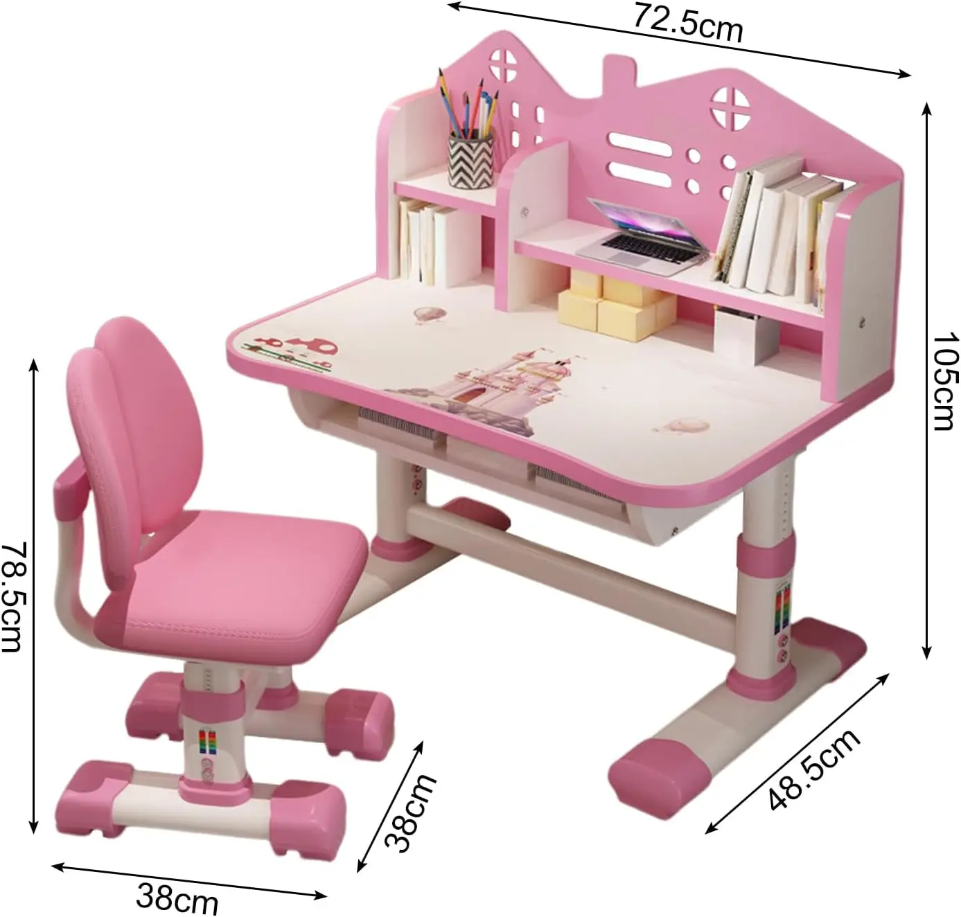 Ensemble de bureau d'étude et chaise réglables pour enfants avec rangement, égouts de proximité, étagère, table de devoirs d'écriture pour enfant en bas âge, calcul de travail pour petite fille