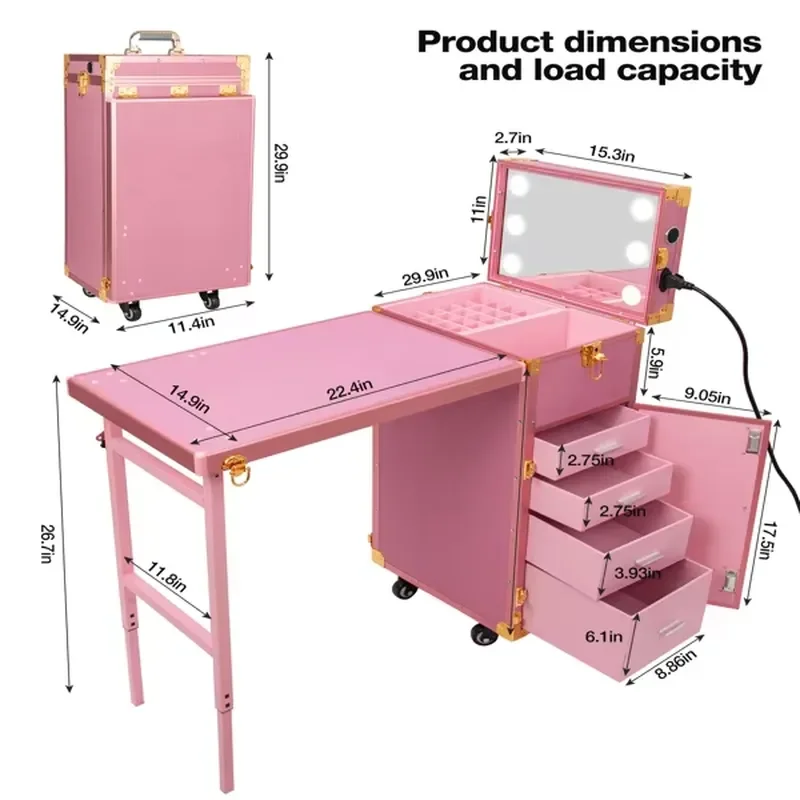 Portable Foldable Manicure Table Rolling Suitcase with Speaker 3 Color Light for Nail Tech Pro D0100X38NJT