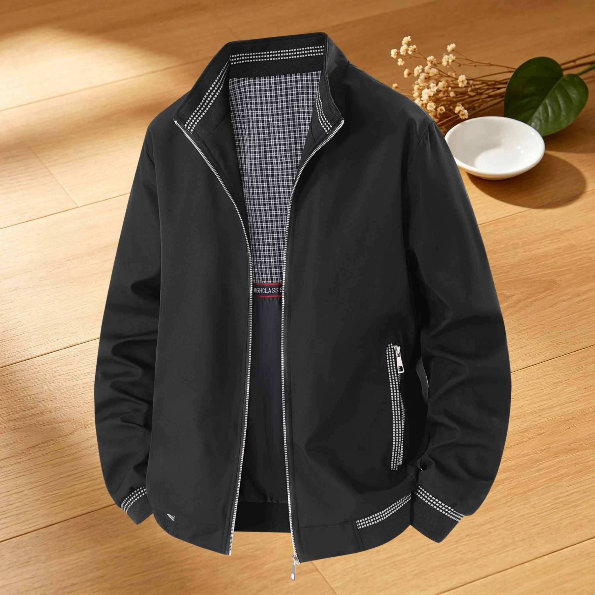 Men‘s Stand Collar Casual Jacket Black Zip‑Up Coat Contrast Stitch Trim Zipper Pockets Lightweight Business Male Outerwear