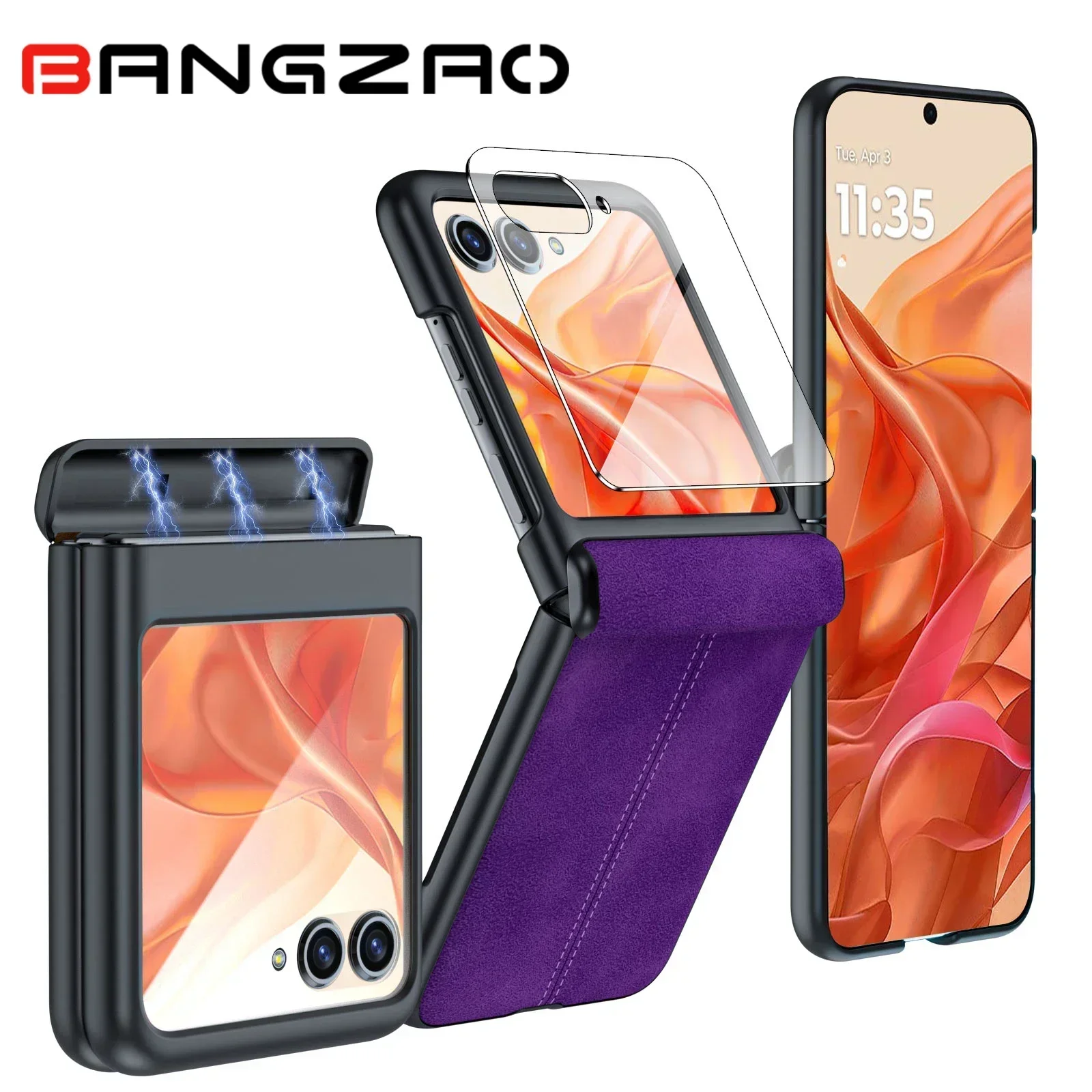

Leather Case for Motorola Razr 50 / 60 / 70with Hinge Protection, Built-in Screen Protector, Slim Shockproof Cover-Purple
