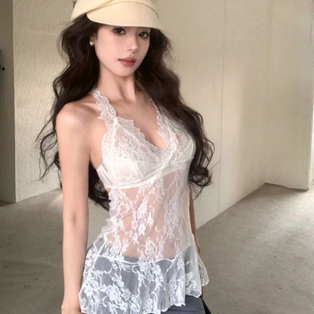 Summer Women Sexy Transparent Lace Halter Top V Neck Floral Mesh Camisole Chic Backless Sleeveless Vest E-Girl Casual Crop Tops