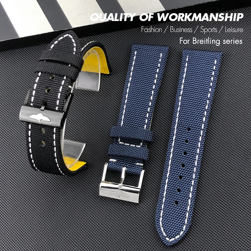 Quality Thick Nylon Leather Watchband 21mm 22mm for Breitling Avenger CHRONOMAT NAVITIMER SUPEROCEAN Yellow Bottom Watch Strap