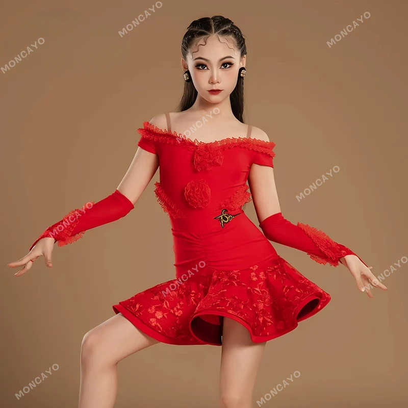 ชุดเต้นรําละตินสาวการแข่งขันเต้นรําบอลรูม Cha Cha Rumba Samba Latin ฝึกชุดเด็กเสื้อผ้าเด็ก