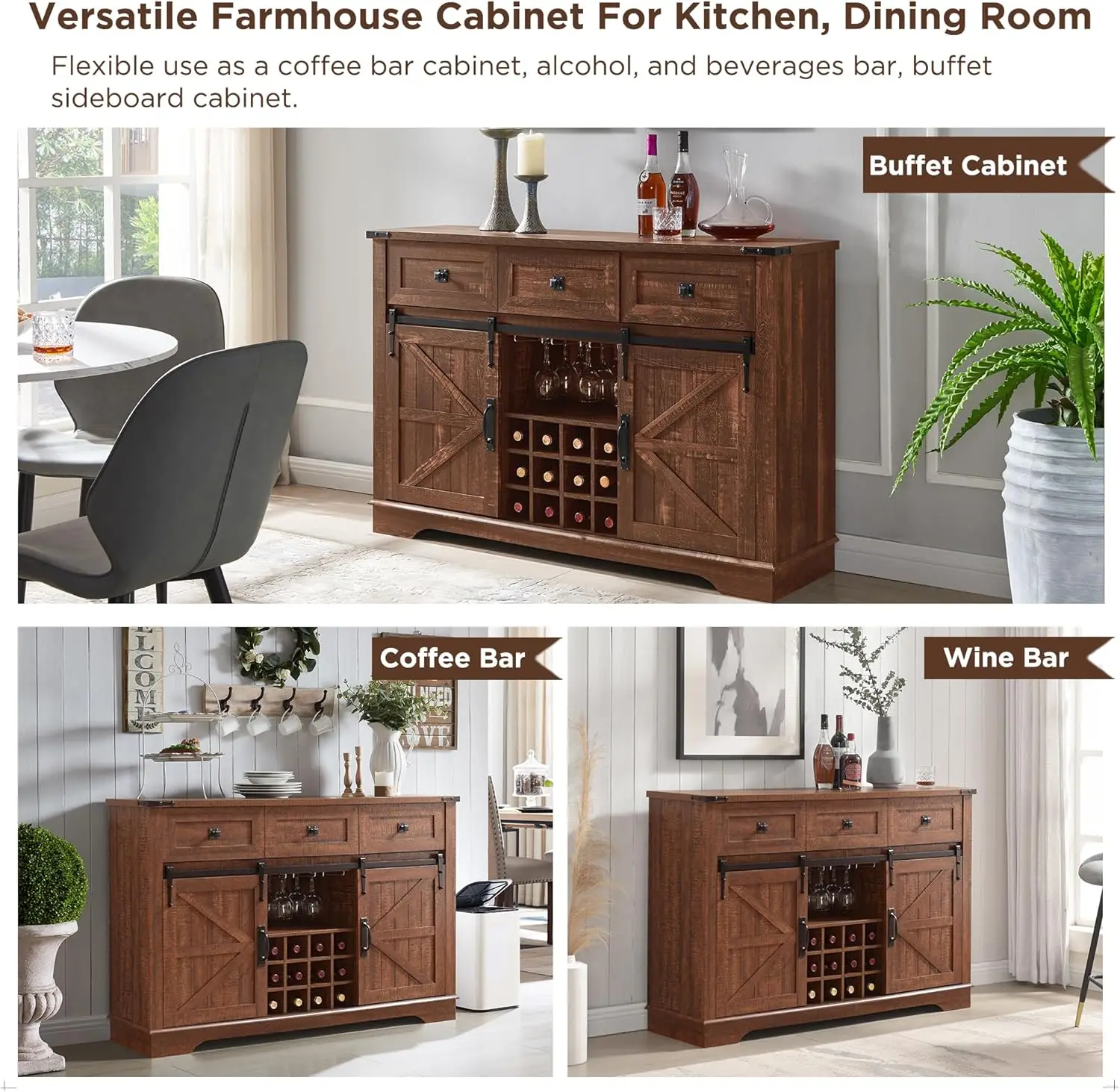 Okd Farmhouse Mueble para bar de vinos con puerta corrediza de granero, mueble para bar de cocina de 54 pulgadas con estante para vino y vasos, estantes de almacenamiento, 3