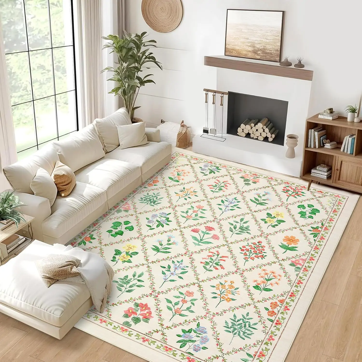 

Farmhouse Area Rugs Ultra-Soft Geometric Throw Rugs, Non-Shedding Flower Print Floor Carpet, Foldable Low Pile Indoor Mat for