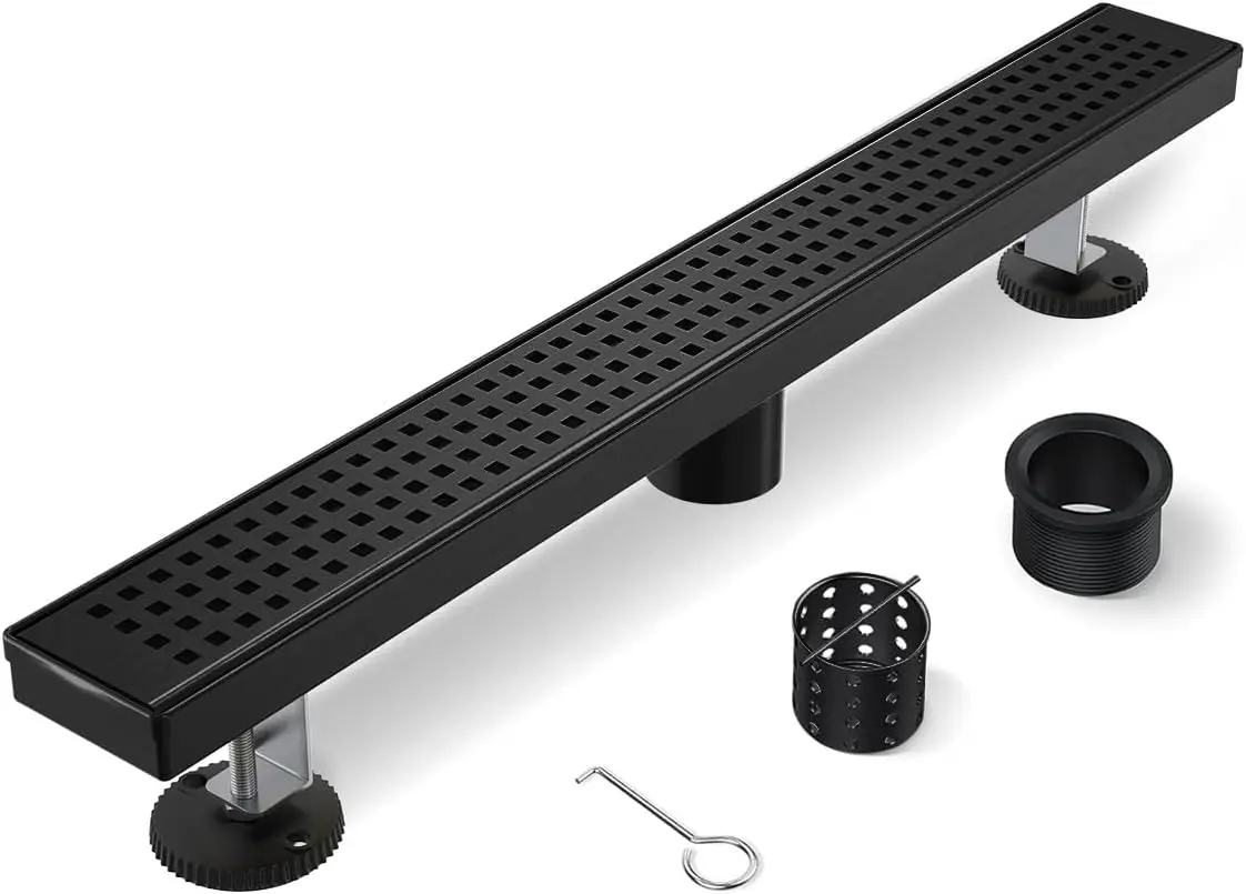 

Black Shower Drain 24 Inch Linear Shower Drain with Removable Square Hole Cover Grate Modern 304 Stainless Steel Matte Black